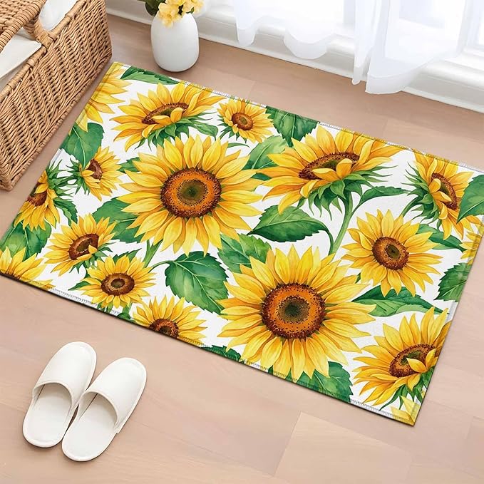 Area Rug 2x3ft, Summer Garden Sunflower Leaves Washable Rugs for Living Room Bedroom, Farm Blossom Floral Soft Non-Slip Area Rugs Rectangle Floor Carpet for Dining Room
