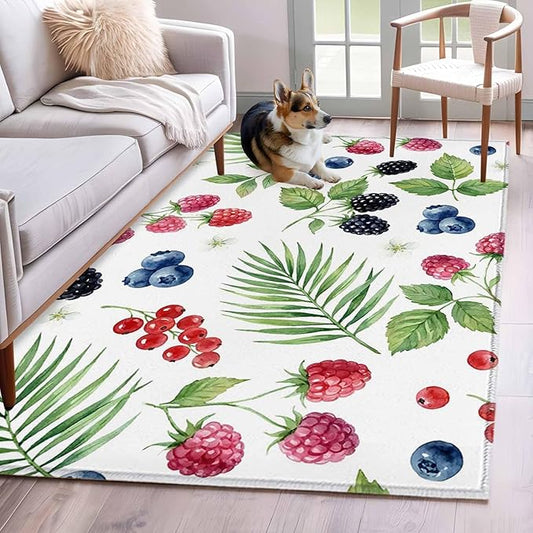 Area Rug 4x6ft, Farm Fruit Berry Cherry Blueberry Washable Rugs for Living Room Bedroom, Watercolor Mulberry Leaves Soft Non-Slip Area Rugs Rectangle Floor Carpet for Dining Room