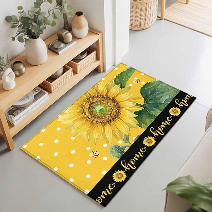 Area Rug 2x3ft, Summer Watercolor Sunflowers Bees Washable Rugs for Living Room Bedroom, Farmhouse Floral Art Soft Non-Slip Area Rugs Rectangle Floor Carpet for Dining Room