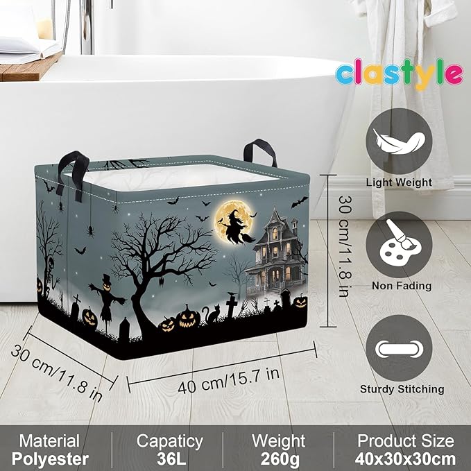 Clastyle Halloween Pumpkin Storage Basket Kid Spooky Book Gift Basket Empty Outdoor Graveyard Jack-o-lantern Boo Bin Baby Nursery Clothes Hamper Toy Box,Witch Bat,40*30*30 cm