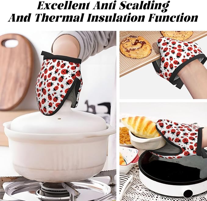 2 Pcs Mini Silicone Oven Mitts Cartoon Ladybug Heat Resistant Grill Gloves with Hanging Loop, Cute Ladybird Short Kitchen Mittens for Cooking Baking BBQ