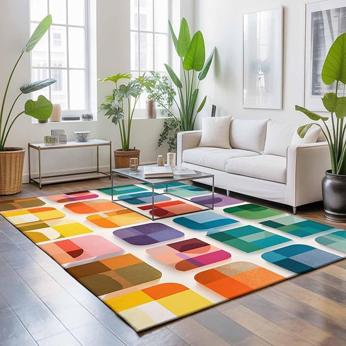 Area Rug 4x6ft, Modern Geometric Squares Washable Rugs for Living Room Bedroom, Colorful Abstract Art Soft Non-Slip Area Rugs Rectangle Floor Carpet for Dining Room