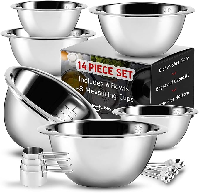 JOYTABLE 14 Piece Mixing Bowls With Measuring Cups And Spoons Set - Premium Stainless Steel Mixing Bowls Set - Nesting & Stable Metal Mixing Bowls Great For Kitchen, Baking, Cooking, Or Prep