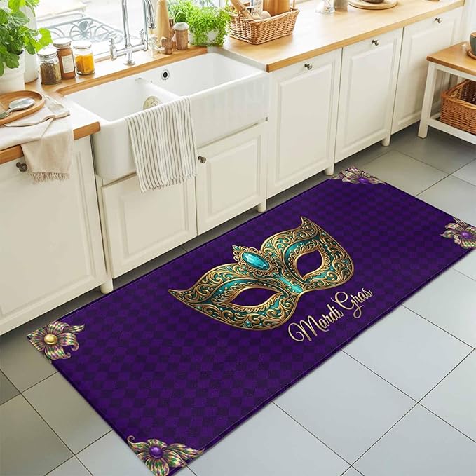 Runner Rug for Bedroom Hallway, Mardi Gras Mask Purple Plaid Kitchen Runner Rugs Area Rug 2x6ft, Abstract Blossom Floral Washable Soft Floor Carpet for Entryway Stair