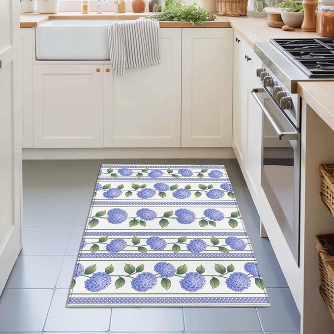 Area Rug 2x3ft, Garden Purple Hydrangea Flower Washable Rugs for Living Room Bedroom, Watercolor Floral Leaves Soft Non-Slip Area Rugs Rectangle Floor Carpet for Dining Room