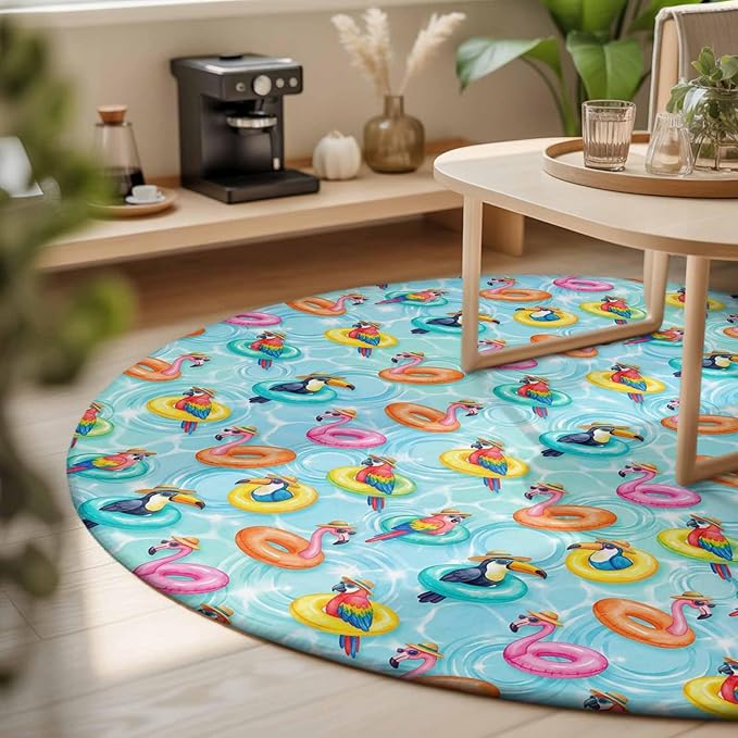 Washable Round Area Rug Summer Pool Float Swim Rings Circle Rugs Floor Carpet for Living Room Bedroom, Tropical Flamingo Birds Soft Non Slip Round Rug 3ft