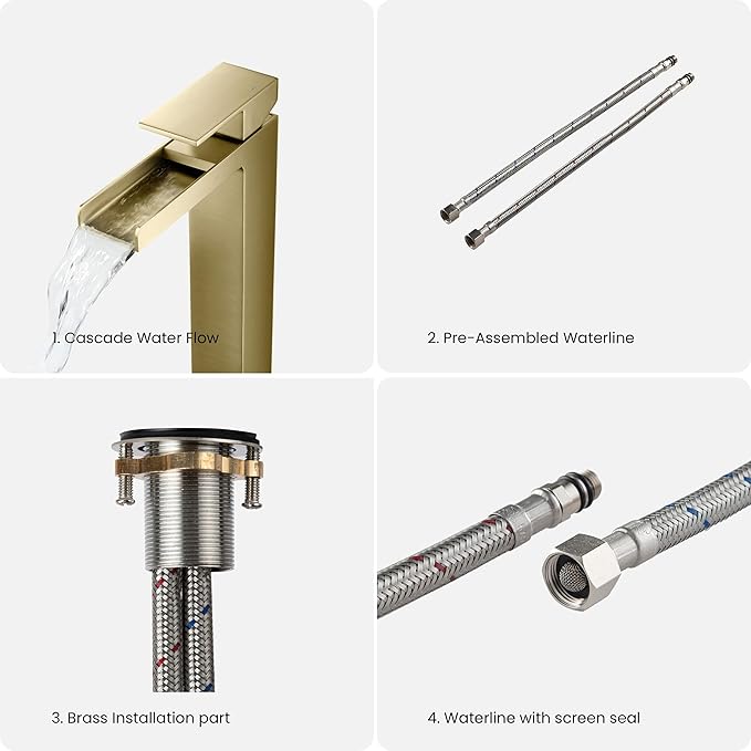 KIBI Waterfall Bathroom Sink Faucet | Single Handle Brass Vanity Faucet with Water Supply Hose | Durable Brass Construction and Smooth Water Flow | Brushed Gold Finish, KBF1005 (Pop Up Drain Included)