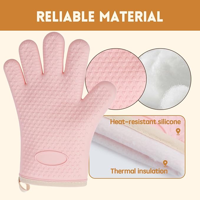 Kitchen Silicone Oven Gloves for Women 2 Pairs Oven Mitts with Fingers Heat Resistant Waterproof Handle Hot Food BBQ Grill Baking