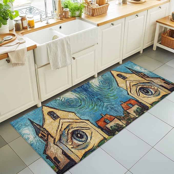Runner Rug for Bedroom Hallway, Abstract Farmhouse Starry Night Eye Kitchen Runner Rugs Area Rug 2x6ft, Rustic Oil Painting Art Washable Soft Floor Carpet for Entryway Stair