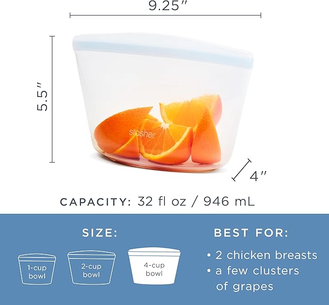 Stasher Silicone Reusable Storage Bag, 4-Cup Bowl, Reusable Snack Bag, Microwave, Dishwasher, Oven Safe, Sous Vide, Premium Lunch Container, Eco Friendly, Food Storage Bag, Freezer Bag, 32 oz, Clear | Reusable Food Bag