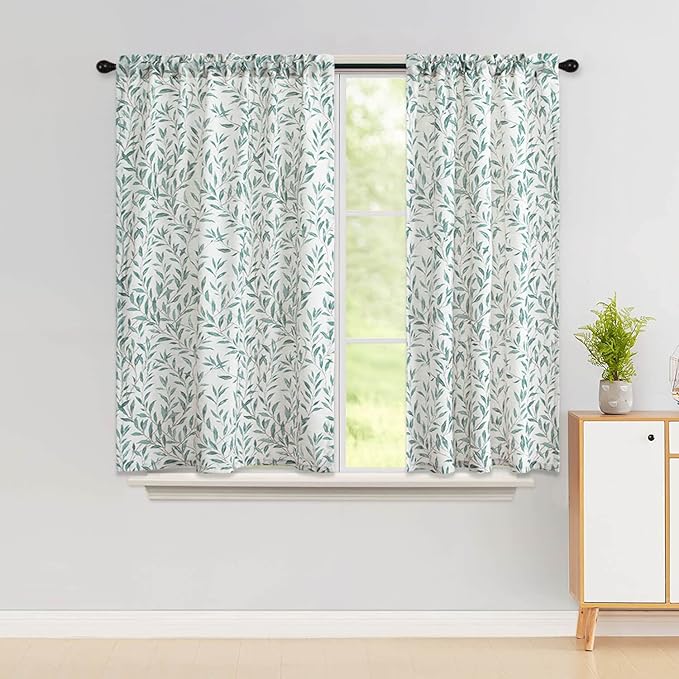 VOGOL 45 Inch Long Curtains for Basement, Linen-Look Textured Country Rustic Style Window Treatment, 2 Panels Short Light Reducing Drapes for Living Room Bedroom, Rod Pocket
