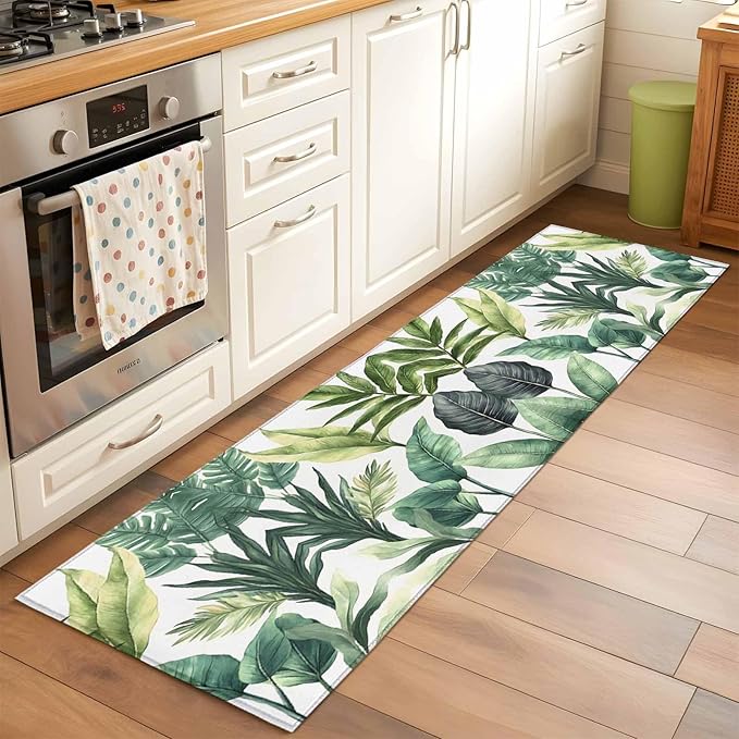 Runner Rug for Bedroom Hallway, Summer Green Tropical Palm Leaves Kitchen Runner Rugs Area Rug 2x6ft, Watercolor Plant Washable Soft Floor Carpet for Entryway Stair