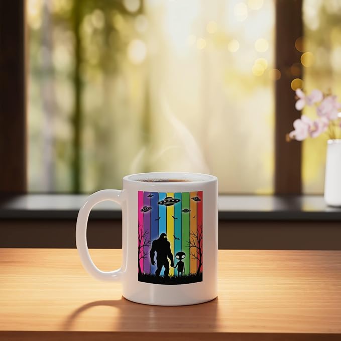 Bigfoot Holding Hands With Alien Ufo Rainbow Sci Fi Ceramic Mug, White
