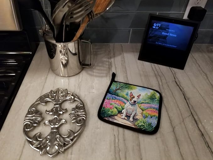 Caroline's Treasures English Bull Terrier Spring Path Pair of Pot Holders Kitchen Heat Resistant Pot Holders Sets Oven Hot Pads for Cooking Baking BBQ, 7 1/2 x 7 1/2