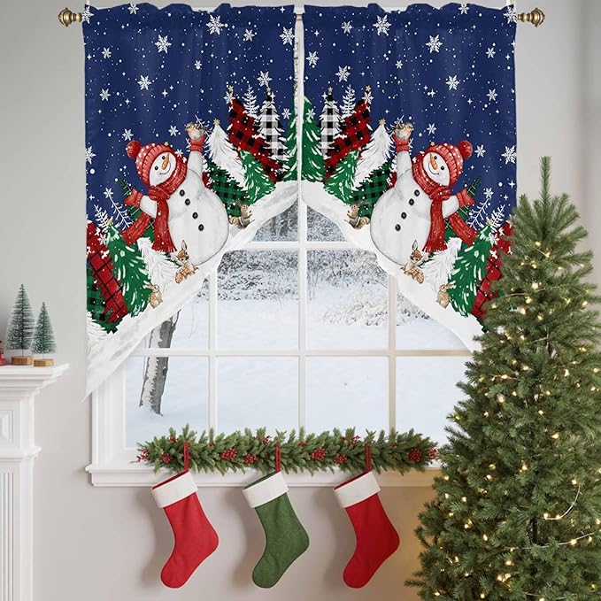Christmas Snowman Swag Valance Curains Winter Xmas Tree Snowflakes Deep Blue Bottom Rod Pocket Kitchen Curtains Scalloped Window Treatment Valances Swag for Living Room Bedroom, 1 Pair, 36"W x 45"L