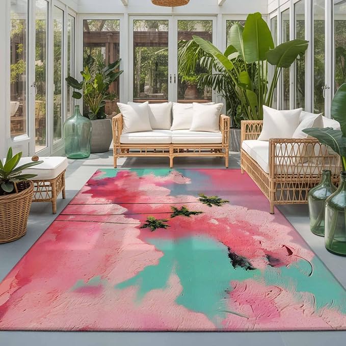 Area Rug 3x5ft, Summer Dreamy Pink Cloud Washable Rugs for Living Room Bedroom, Watercolor Tropical Palm Tree Soft Non-Slip Area Rugs Rectangle Floor Carpet for Dining Room