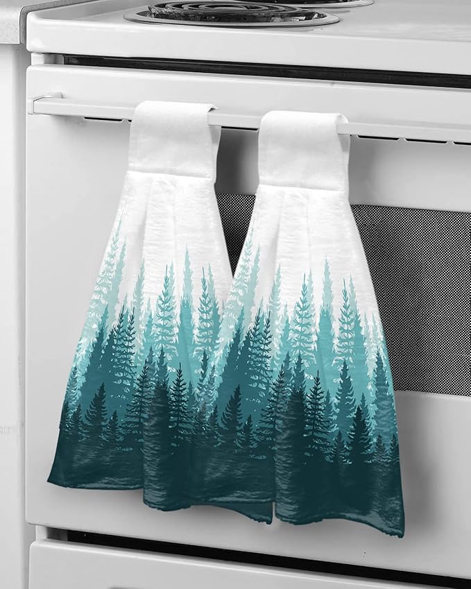 Alandar Home Kitchen Tie Towel Set of 2, Tree Forest Shadow Botanical Plants Absorbent Soft Hand Towels for Bathroom Hanging Towels, Teal Gradient on White Fast Drying Cleaning Cloth with Loop