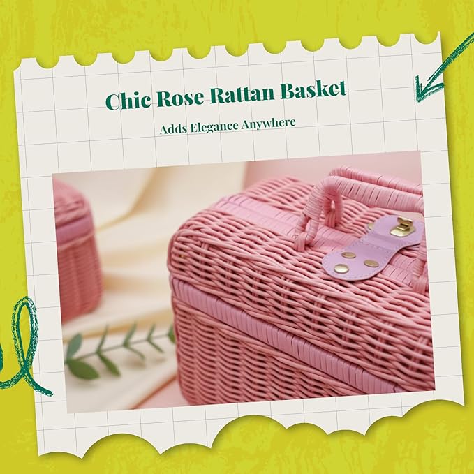 Woven Suitcase Imitation Rattan Storage Basket Gift Box Rustic Picnic Suitcase Handwoven Storage Case for Travelling Bathroom, Pink S