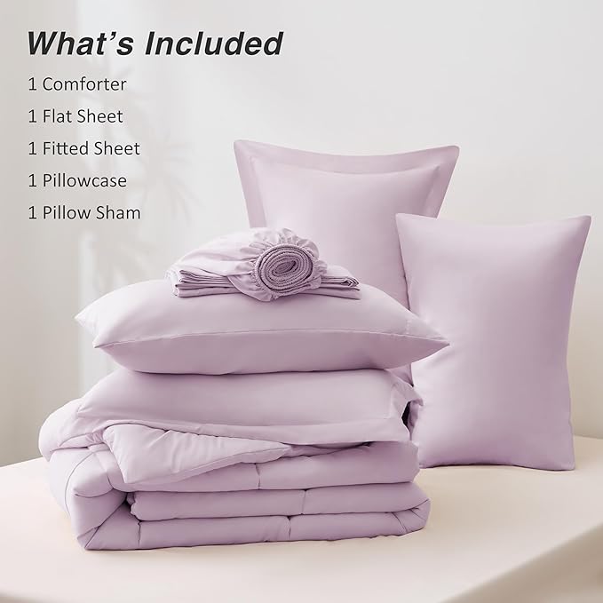 Love's cabin Twin Comforter Set Light Purple, 5 Pieces Twin Bed in a Bag, All Season Bedding Sets with 1 Comforter, 1 Flat Sheet, 1 Fitted Sheet, 1 Pillowcase and 1 Pillow Sham | Soft, Breathable, Lightweight, Comfortable