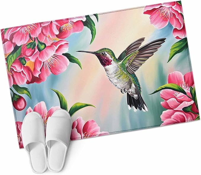 Area Rug 2x3ft, Hummingbird Flower Peach Blossom Washable Rugs for Living Room Bedroom, Nature Oil Painting Art Soft Non-Slip Area Rugs Rectangle Floor Carpet for Dining Room