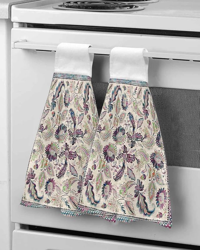 Alandar Home Kitchen Tie Towel Set of 2, Paisley Style Flowers Absorbent Soft Hand Towels for Bathroom Hanging Towels, Abstract Ethnic Floral Art Fast Drying Cleaning Cloth with Loop
