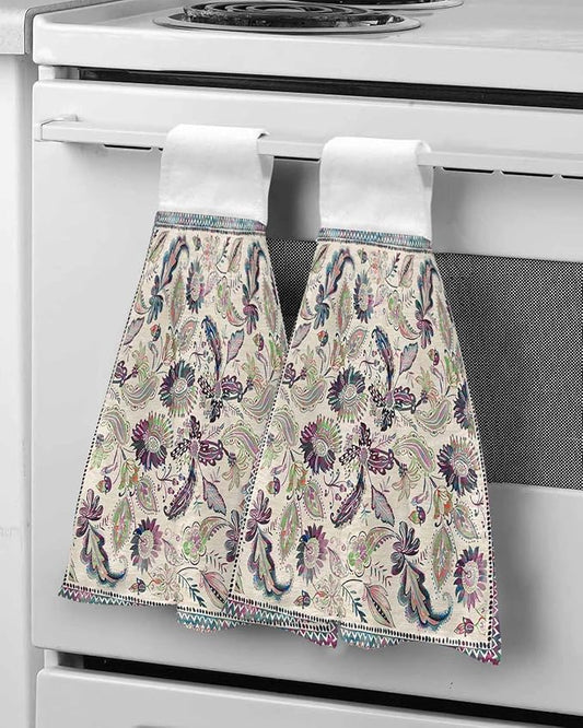 Alandar Home Kitchen Tie Towel Set of 2, Paisley Style Flowers Absorbent Soft Hand Towels for Bathroom Hanging Towels, Abstract Ethnic Floral Art Fast Drying Cleaning Cloth with Loop