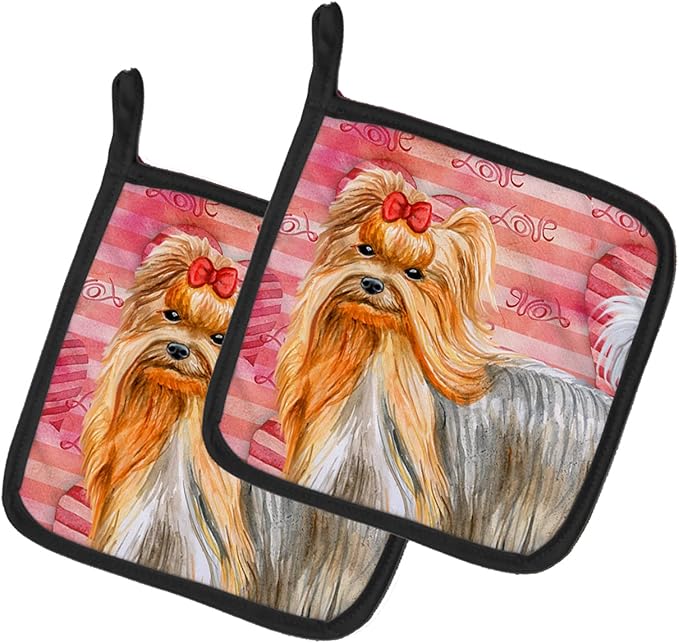Caroline's Treasures BB9772PTHD Yorkshire Terrier Love Pair of Pot Holders, Red Kitchen Heat Resistant Pot Holders Sets Oven Hot Pads for Cooking Baking BBQ, 7 1/2 x 7 1/2
