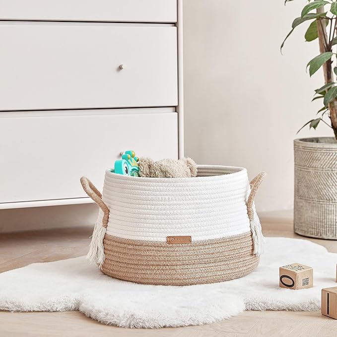 R RUNKA Small Basket for Stuffed Animal,Clothes ,Baby Blankets -11.8"x9.8"- Boho Baskets for Living Room,Bedroom,Nursery |Cotton Rope Baskets, Cube Basket, Under Shelf Basket | Baskets for Home Decor