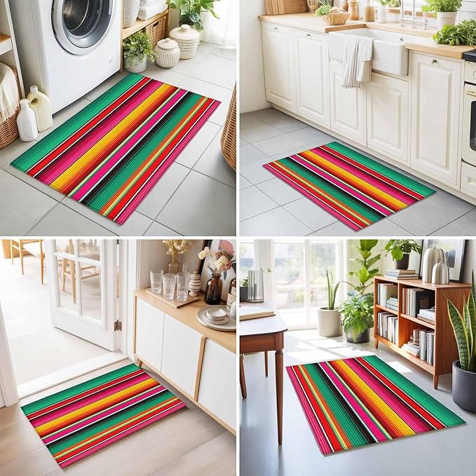 Area Rug 2x3ft, Vintage Mexican Stripes Abstract Washable Rugs for Living Room Bedroom, Native American Stripe Soft Non-Slip Area Rugs Rectangle Floor Carpet for Dining Room