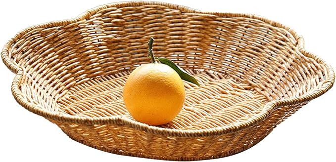 Wicker Round Basket, Scalloped Serving Wicker Basket, Household Food Display Tray Shell-Curved Scalloped Woven Tray, Seagrass Rattan Tray For Coffee Table Organizing
