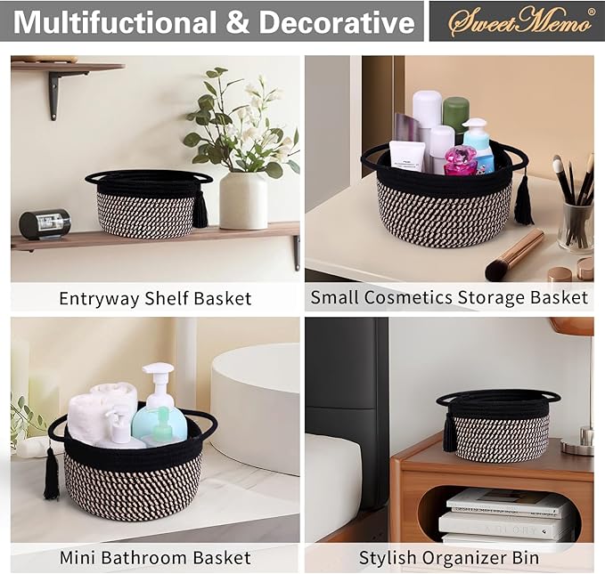 Small Woven Gift Basket Empty to Fill for Boys Man, Little Cotton Rope Bin for Desk, Bathroom, Shleves, Cute Decorative Plant Basket, 2 Pack, Pre-Shaped, With Gifts Bag & Ribbon, Black Brown