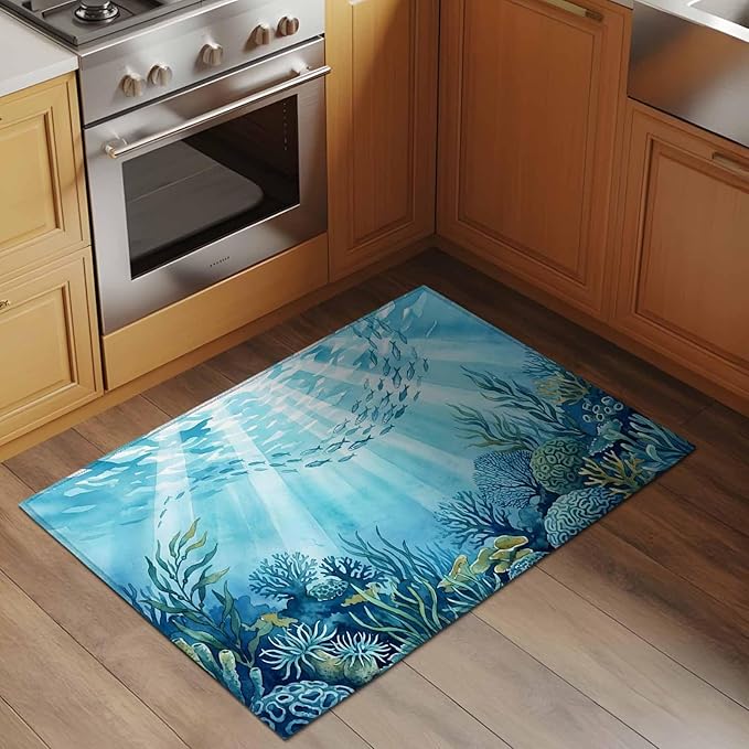 Area Rug 2x3ft, Underwater World Coral Seaweed Washable Rugs for Living Room Bedroom, Seafloor Ocean Life Fish Soft Non-Slip Area Rugs Rectangle Floor Carpet for Dining Room
