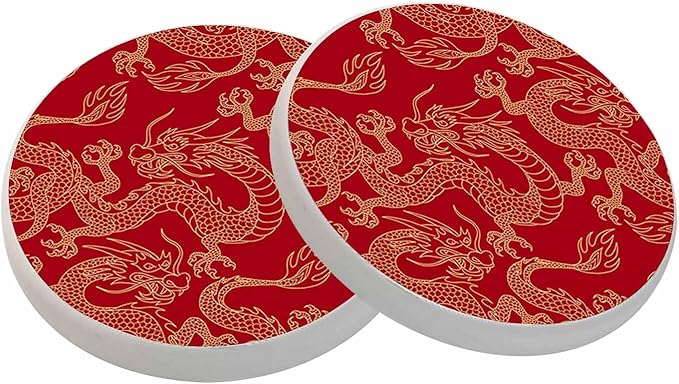 Dragon Ceramic Coasters Chinese Dragons Fighting Gold Outlines on Red Absorbent Drink Coasters Round Ceramic Table Coasters Set Decorative Coffee Cup Beverage Coasters Wine Beer Bar Coasters 2 Pack