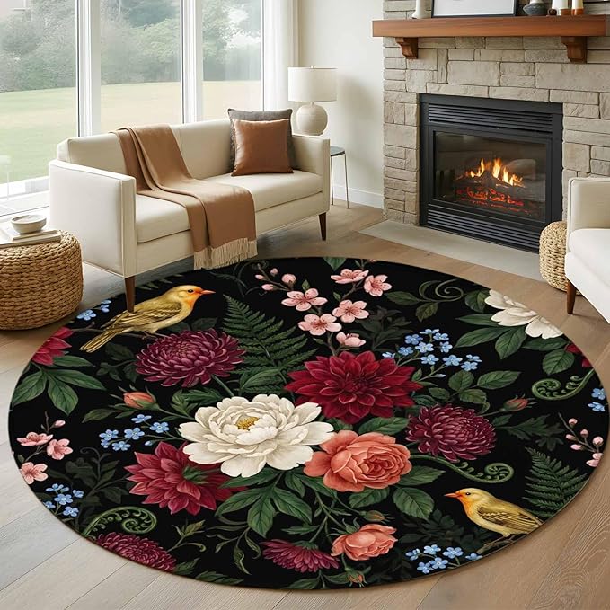 Washable Round Area Rug Pastoral Colorful Flower Leaf Circle Rugs Floor Carpet for Living Room Bedroom, Country Blossom Floral Bird Soft Non Slip Round Rug 5ft