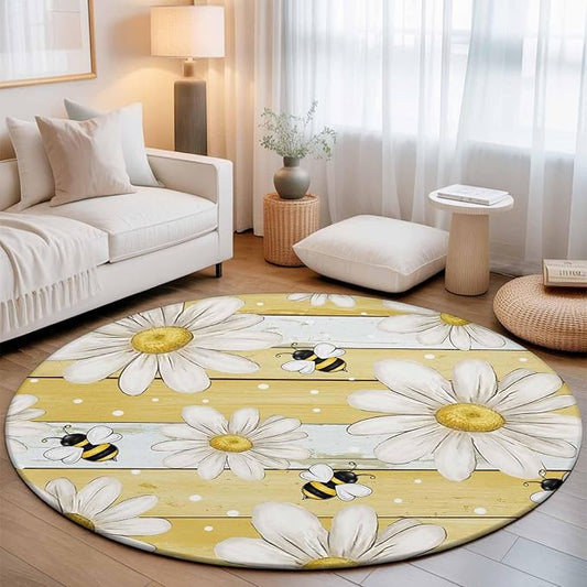 Washable Round Area Rug Summer Rustic Daisy Flower Bee Circle Rugs Floor Carpet for Living Room Bedroom, Blossom Floral Yellow Wooden Soft Non Slip Round Rug 3ft
