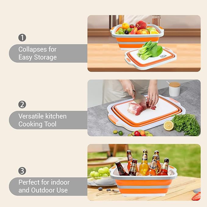 Collapsible BBQ Prep Tub with Locking Cutting Board Lid & Strainer – Portable Grill Prep Station for Marinating & Food Prep, Foldable Camping Sink for BBQ, Picnic & Outdoor Cooking (Orange)