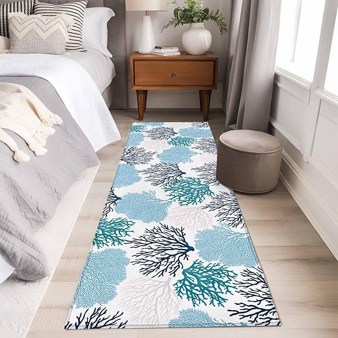 Runner Rug for Bedroom Hallway, Classic Sea Blue Coral Kitchen Runner Rugs Area Rug 2x6ft, Abstract Marine Life Scenery Washable Soft Floor Carpet for Entryway Stair