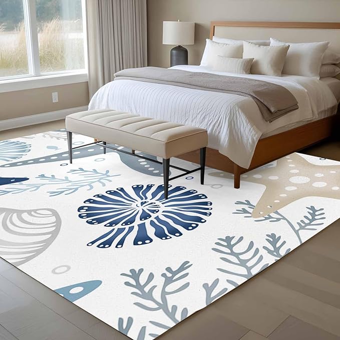 Area Rug 6x9ft, Ocean Starfish Shell Conch Washable Rugs for Living Room Bedroom, Sea Blue Coral Seamless Soft Non-Slip Area Rugs Rectangle Floor Carpet for Dining Room