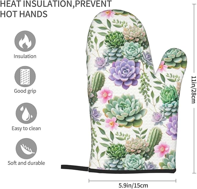 Succulents Oven Mitts of 2 Pack, Funny Kitchen Gloves Heat Resistant Non-Slip Kitchen Mitts for Cooking Baking Grilling