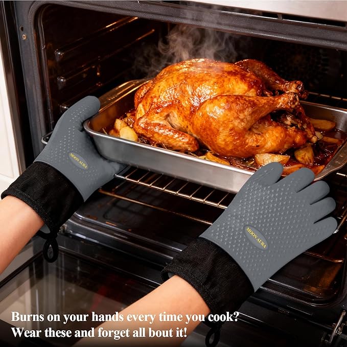 Silicone Smoker Oven Gloves - BBQ Gloves with Sharp Knife, Basting Brush and Sticky Hook.