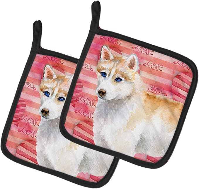 Caroline's Treasures BB9742PTHD Siberian Husky Love Pair of Pot Holders, Red Kitchen Heat Resistant Pot Holders Sets Oven Hot Pads for Cooking Baking BBQ, 7 1/2 x 7 1/2