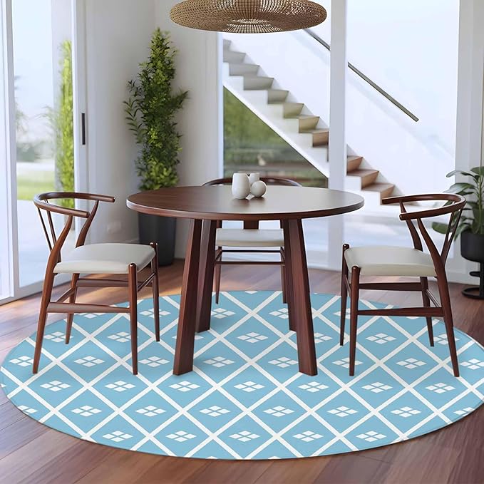 Washable Round Area Rug Boho Blue White Plaid Line Circle Rugs Floor Carpet for Living Room Bedroom, Abstract Geometric Diamond Soft Non Slip Round Rug 5ft