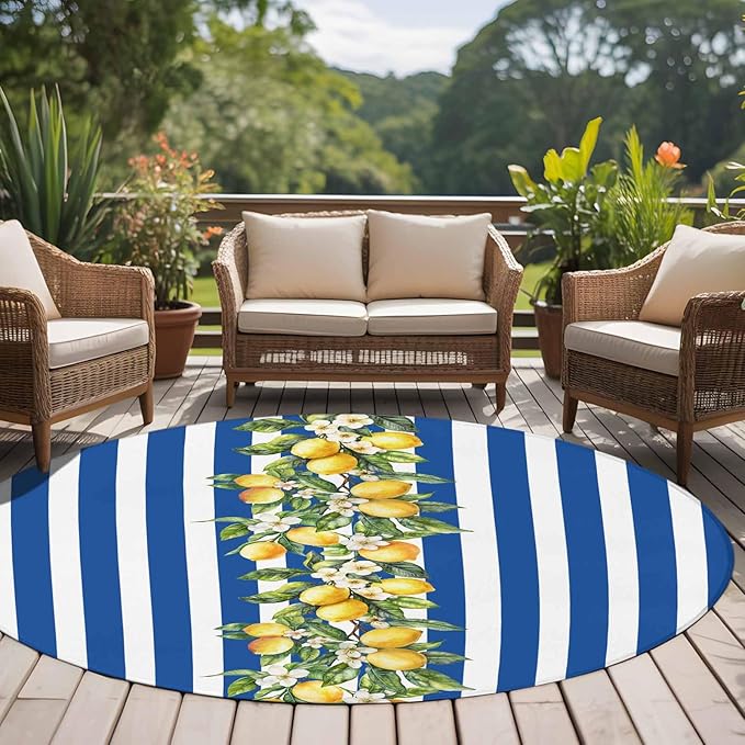 Washable Round Area Rug Summer Lemon Green Leaves Watercolor Circle Rugs Floor Carpet for Living Room Bedroom, Blue Stripe Soft Non Slip Round Rug 5ft