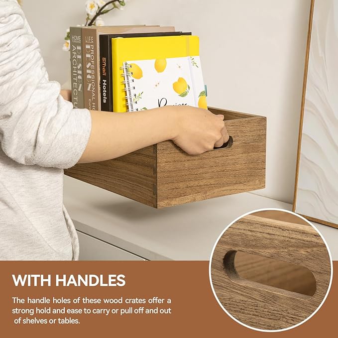 KIRIGEN Nesting Wooden Crates with Portable Handles for Home Organizer - Wood Rustic Decor Farmhouse Boxes / Basket Rolling Trays set of 3 Dark Brown