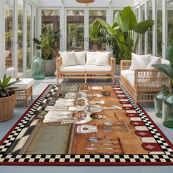 Area Rug 3x5ft, Farmhouse Cartoon Chef Washable Rugs for Living Room Bedroom, Cooking Theme Black White Checkered Soft Non-Slip Area Rugs Rectangle Floor Carpet for Dining Room