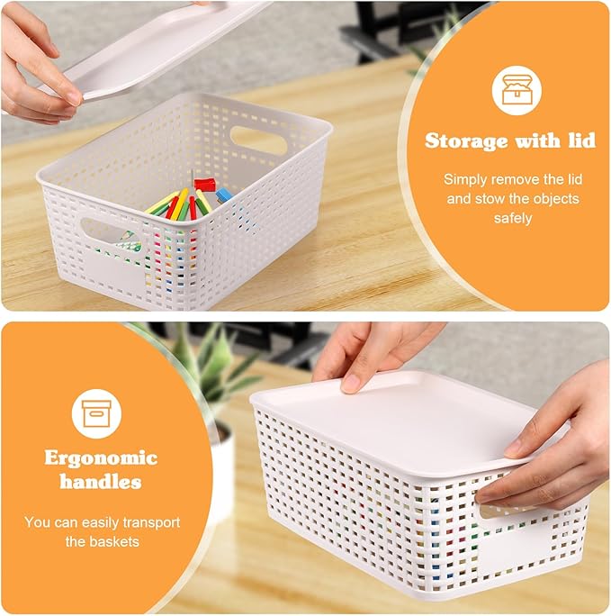 Misty Stream 6pcs Rattan Organiser Box with Lid & Handles Bathroom Kitchen Storage Boxes Plastic Storage Basket for Cupboards Shelves Bathrooms