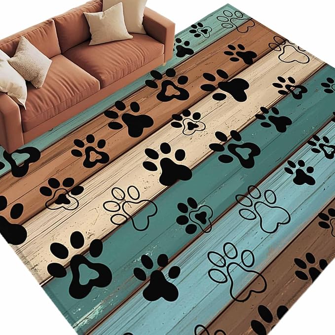 Area Rug 6x9ft, Farm Brown Wood Board Washable Rugs for Living Room Bedroom, Dog Paw Print Animal Footprint Soft Non-Slip Area Rugs Rectangle Floor Carpet for Dining Room