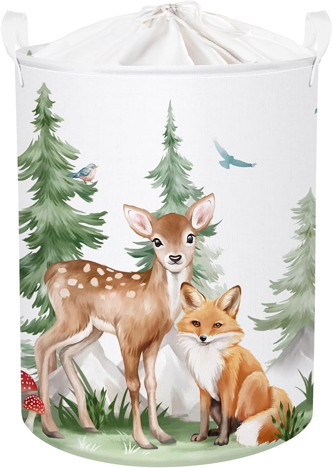 Forest Animals Baby Laundry Hamper Collapsible Clothes Kids Storage Basket Bear Fox Large Boys Girls Gift Toy Box Bin for Nursery, Deer, 63L