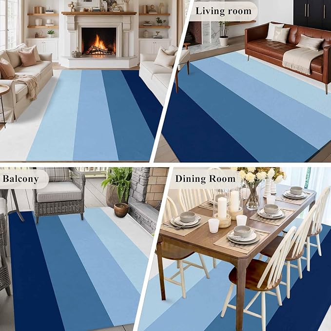 Area Rug 6x9ft, Minimalist Blue White Ombre Stripe Washable Rugs for Living Room Bedroom, Modern Gradient Art Soft Non-Slip Area Rugs Rectangle Floor Carpet for Dining Room