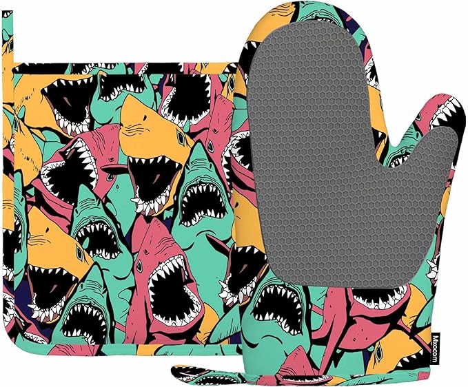 Mxocom Shark Oven Mitts and Pot Holders Sets Sea Ocean Fish Angry Sharks Wide Mouth White Teeth Aqua Silicone Heat Resistant Kitchen Oven Gloves Pot Holder for Cooking